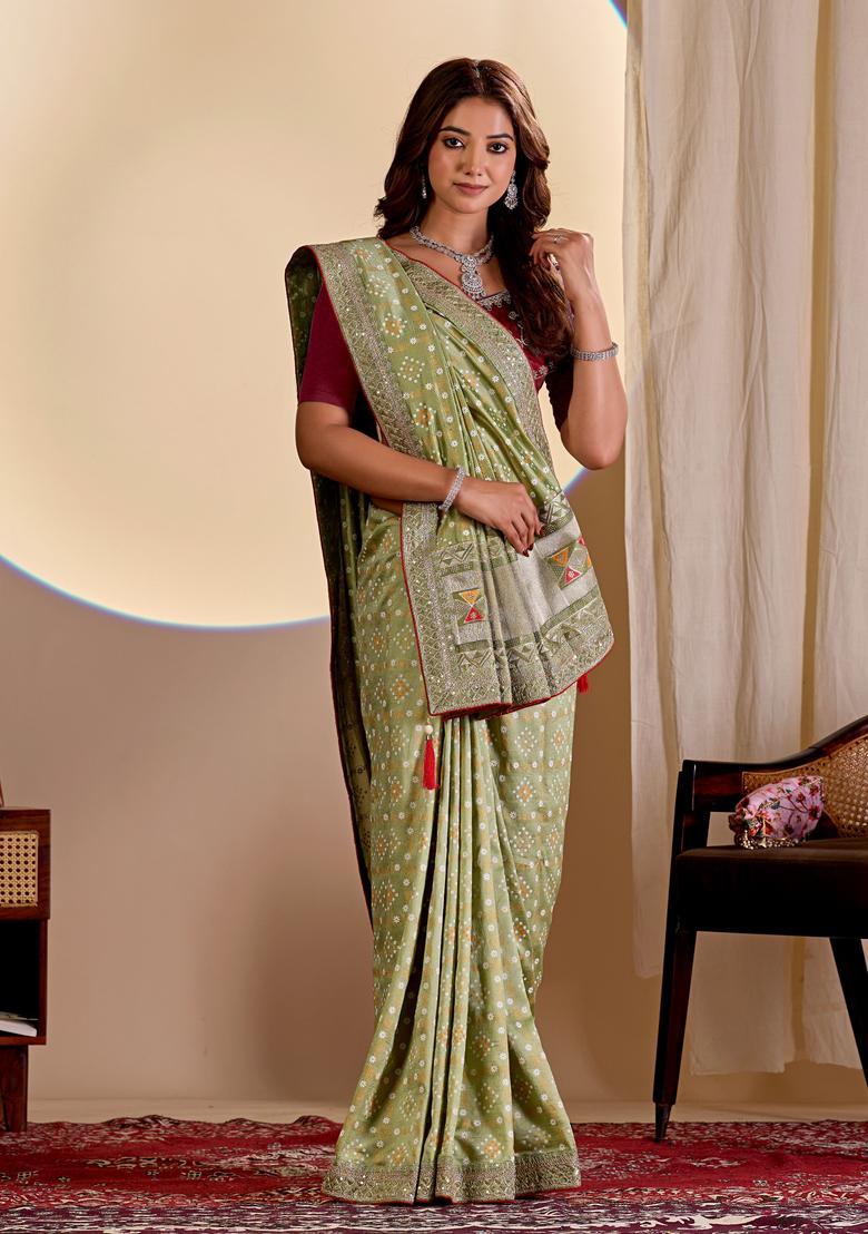 Green Bandhej Silk Saree Set - Indya