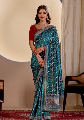 Teal Blue Bandhej Silk Saree Set