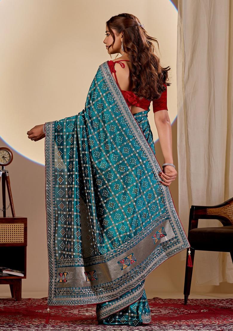 Teal Blue Bandhej Silk Saree Set - Indya