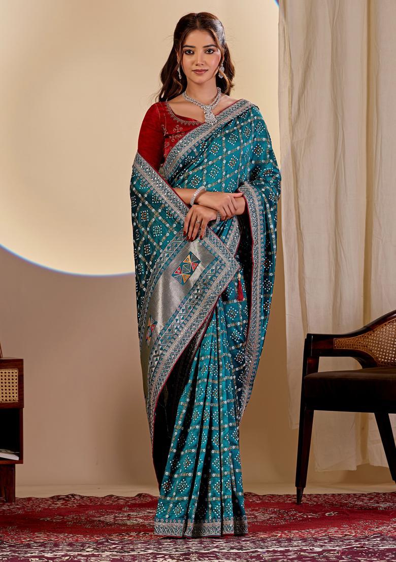Teal Blue Bandhej Silk Saree Set - Indya