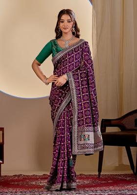 Wine Bandhej Silk Saree Set