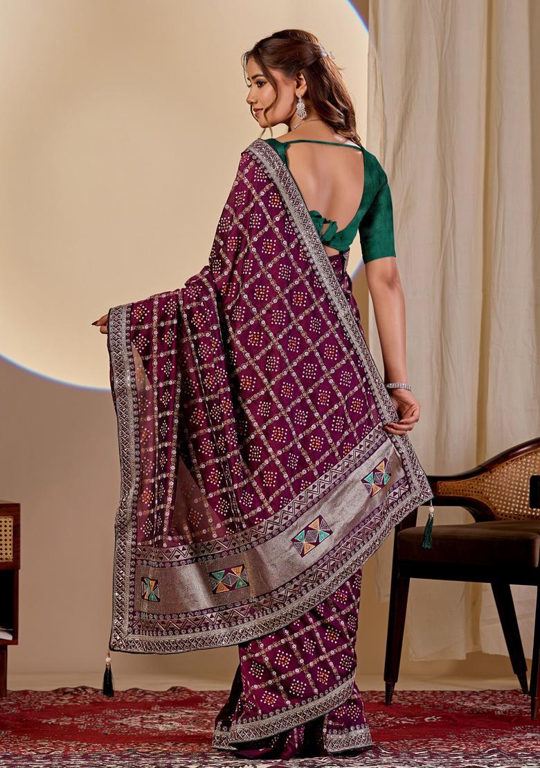 Wine Bandhej Silk Saree Set - Indya
