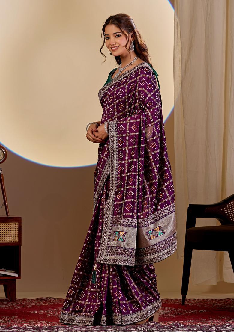 Wine Bandhej Silk Saree Set - Indya