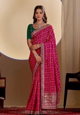 Pink Bandhej Silk Saree Set