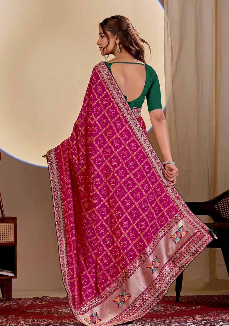 Pink Bandhej Silk Saree Set - Indya