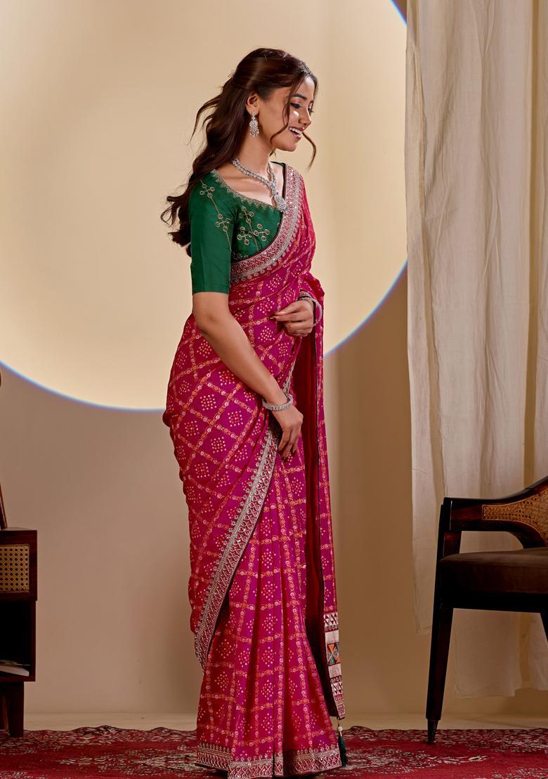 Pink Bandhej Silk Saree Set - Indya