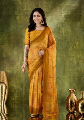 Yellow Printed Chiffon Saree Set