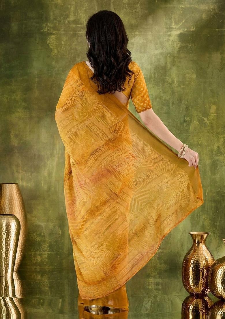 Yellow Printed Chiffon Saree Set - Indya