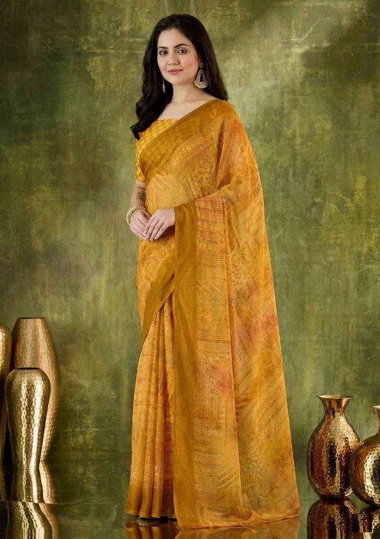 Yellow Printed Chiffon Saree Set - Indya