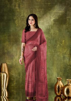 Brown Printed Chiffon Saree Set