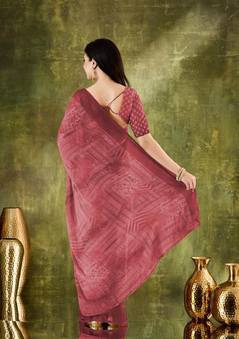Brown Printed Chiffon Saree Set - Indya