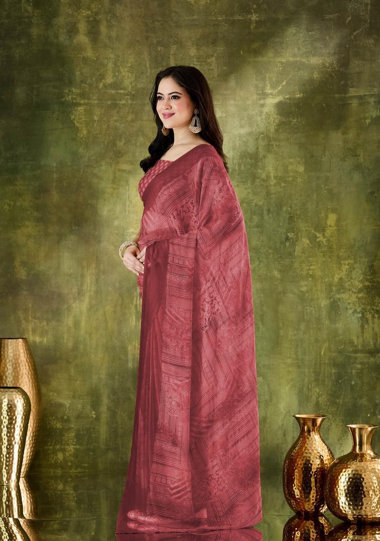 Brown Printed Chiffon Saree Set - Indya