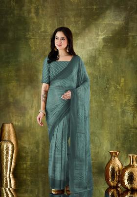 Green Printed Chiffon Saree Set
