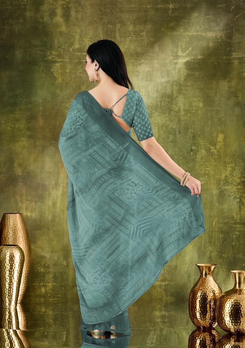 Green Printed Chiffon Saree Set - Indya