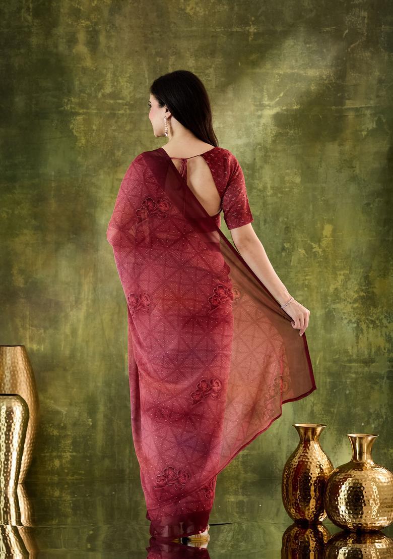 Maroon Printed Chiffon Saree Set - Indya