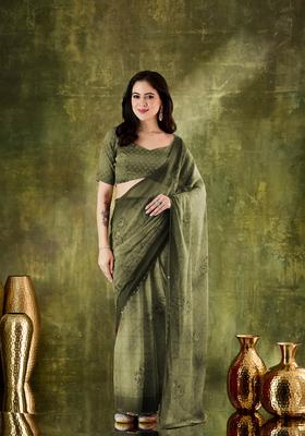 Green Printed Chiffon Saree Set