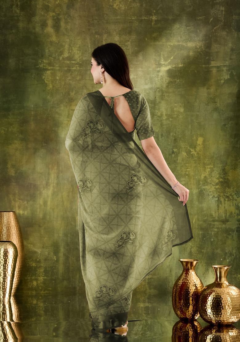 Green Printed Chiffon Saree Set - Indya