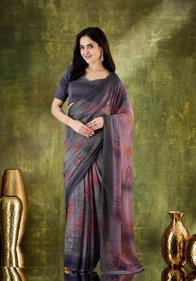 Purple Printed Chiffon Saree Set