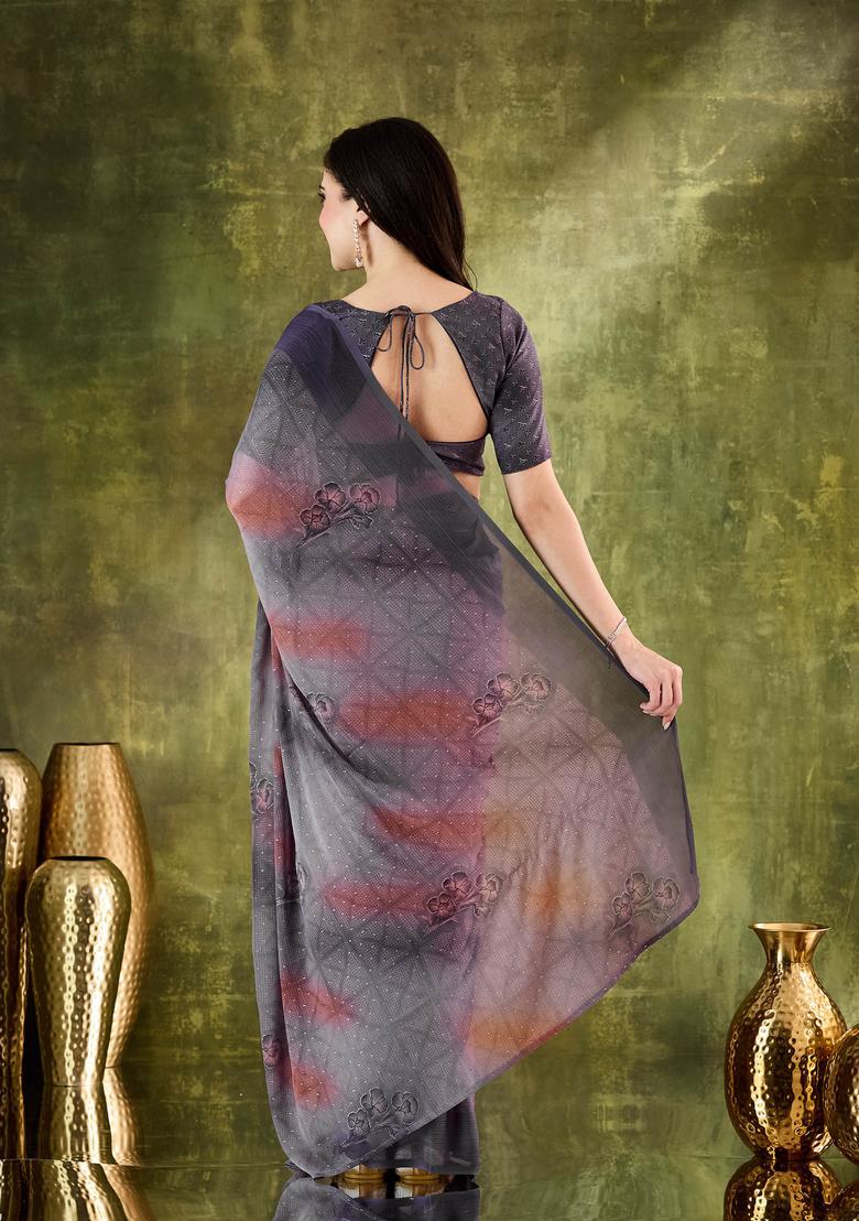 Purple Printed Chiffon Saree Set - Indya