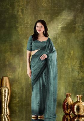 Green Printed Chiffon Saree Set