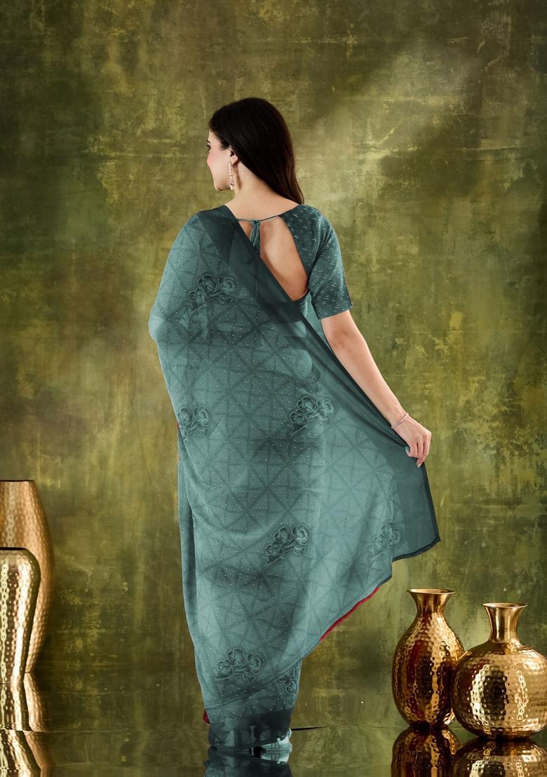 Green Printed Chiffon Saree Set - Indya