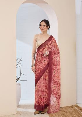 Red Printed Chiffon Saree Set
