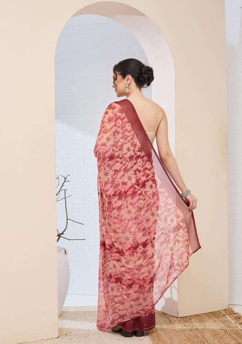 Red Printed Chiffon Saree Set - Indya