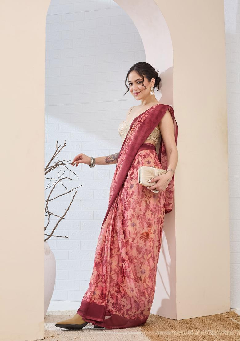 Red Printed Chiffon Saree Set - Indya