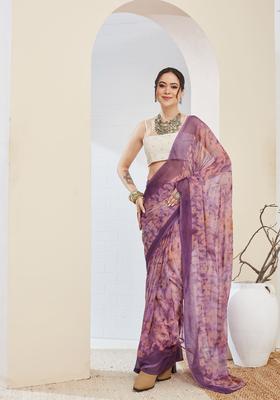 Purple Printed Chiffon Saree Set