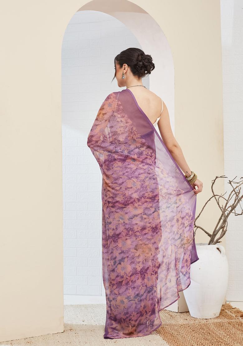 Purple Printed Chiffon Saree Set - Indya