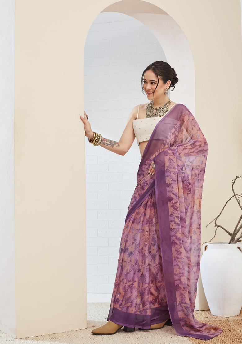 Purple Printed Chiffon Saree Set - Indya