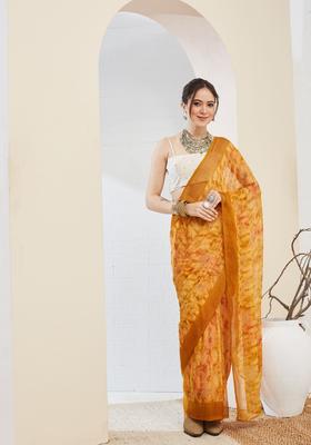 Yellow Printed Chiffon Saree Set