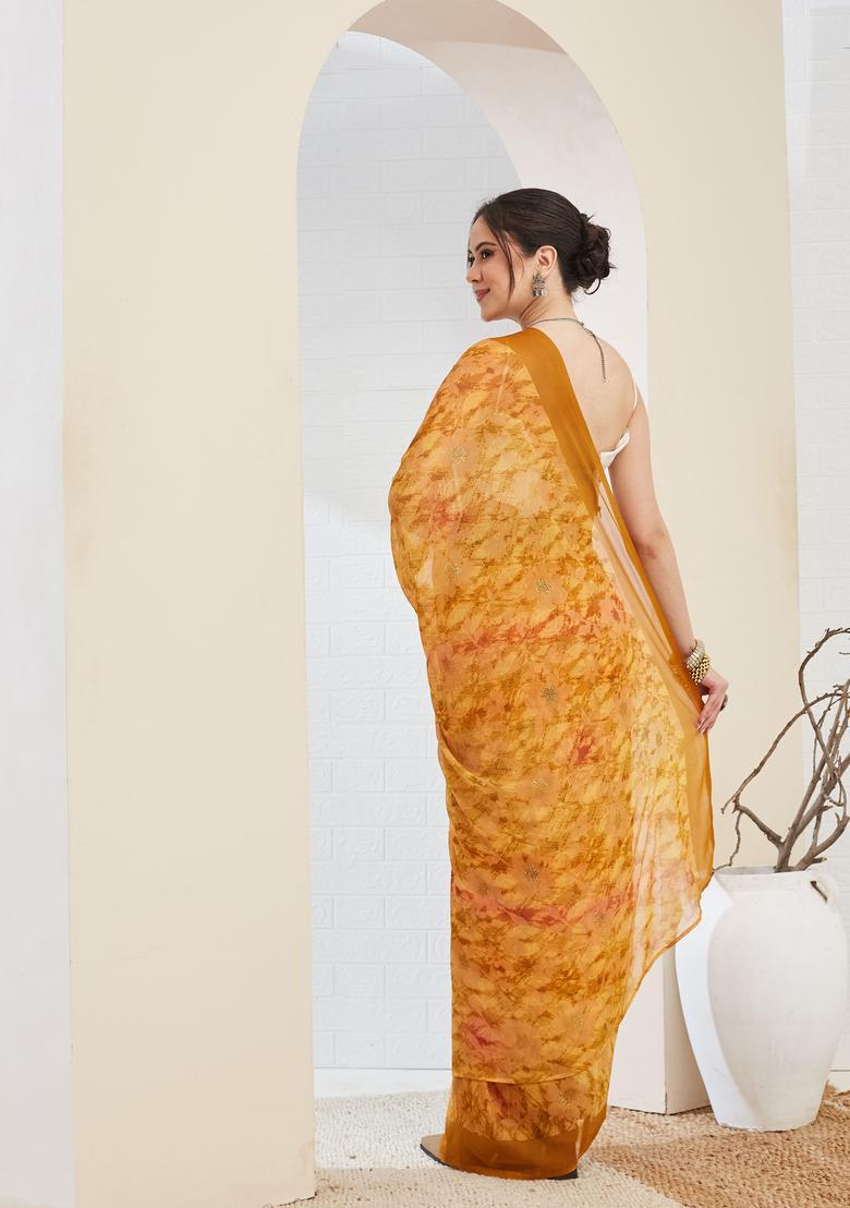 Yellow Printed Chiffon Saree Set - Indya
