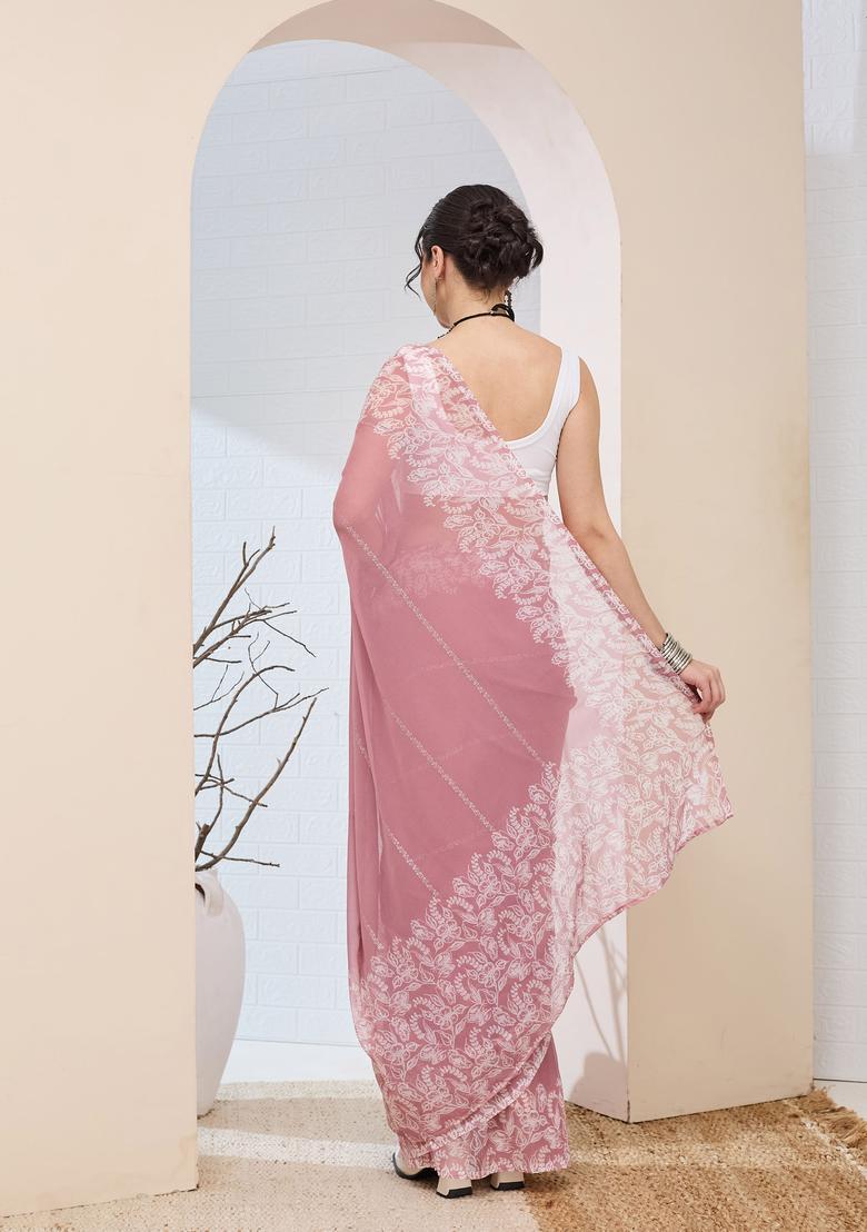 Pink Printed Chiffon Saree Set - Indya