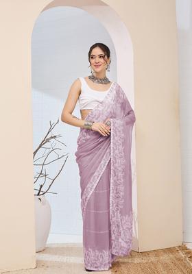 Lavender Printed Chiffon Saree Set
