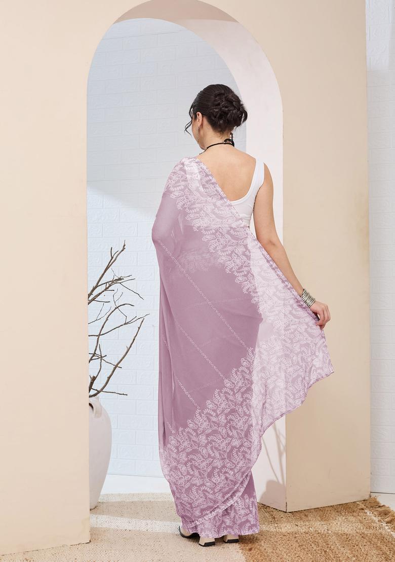 Lavender Printed Chiffon Saree Set - Indya
