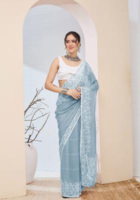 Sky Blue Printed Chiffon Saree Set