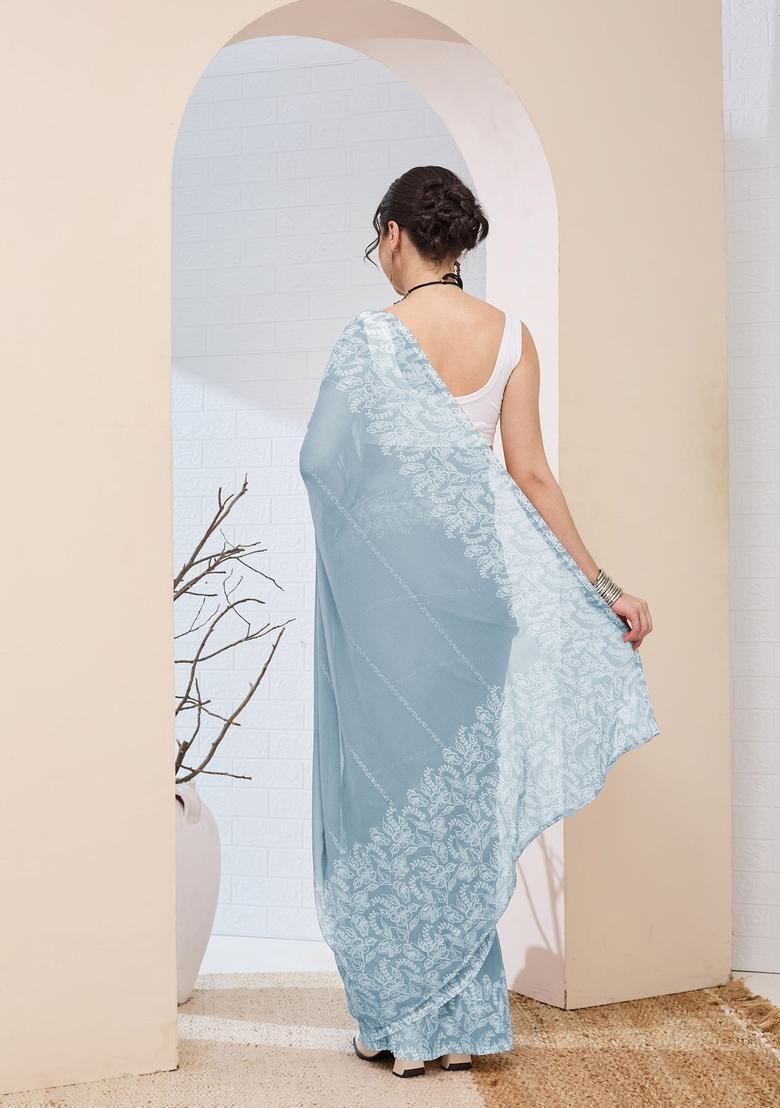 Sky Blue Printed Chiffon Saree Set - Indya