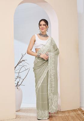 Green Printed Chiffon Saree Set