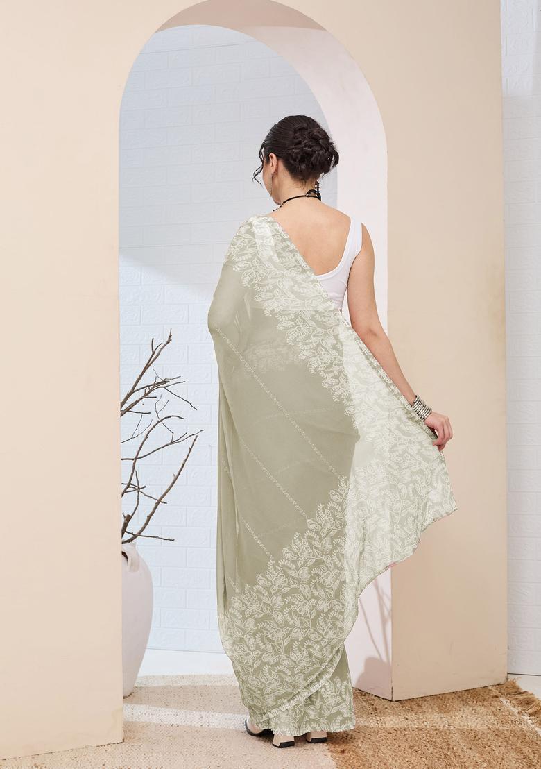 Green Printed Chiffon Saree Set - Indya