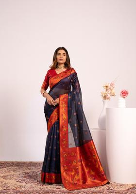 Blue Zari Work Silk Saree Set
