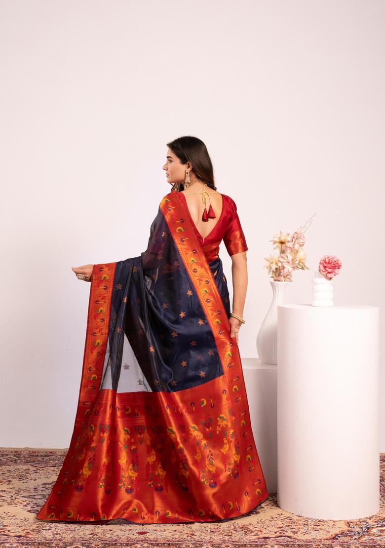 Blue Zari Work Silk Saree Set - Indya