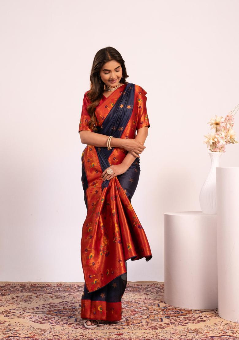 Blue Zari Work Silk Saree Set - Indya