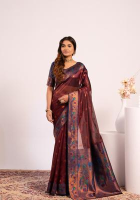 Coffee Zari Work Silk Saree Set