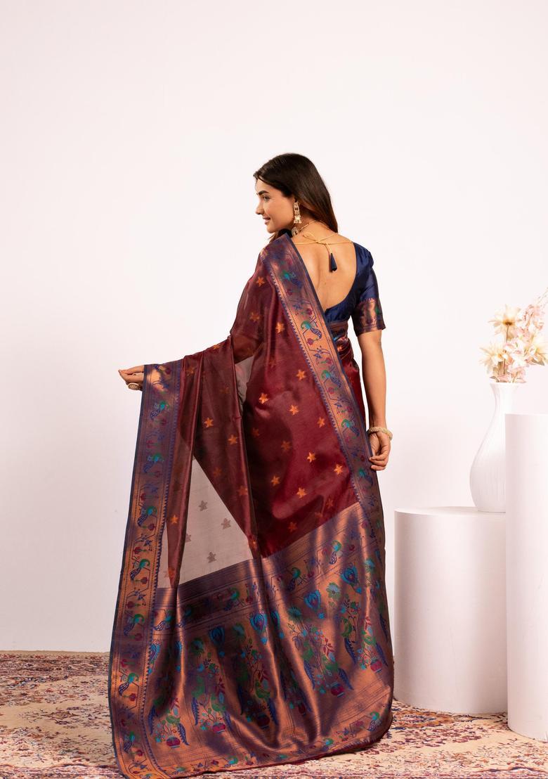Coffee Zari Work Silk Saree Set - Indya