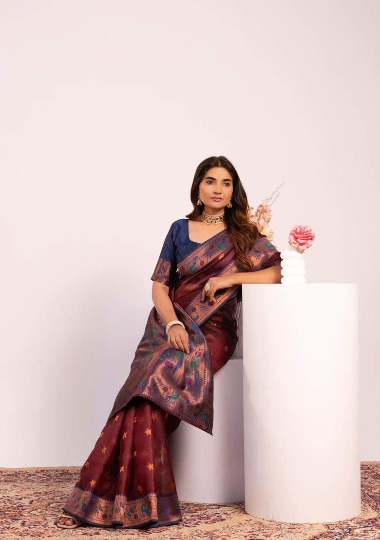 Coffee Zari Work Silk Saree Set - Indya