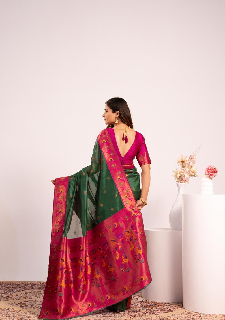 Green Zari Work Silk Saree Set - Indya