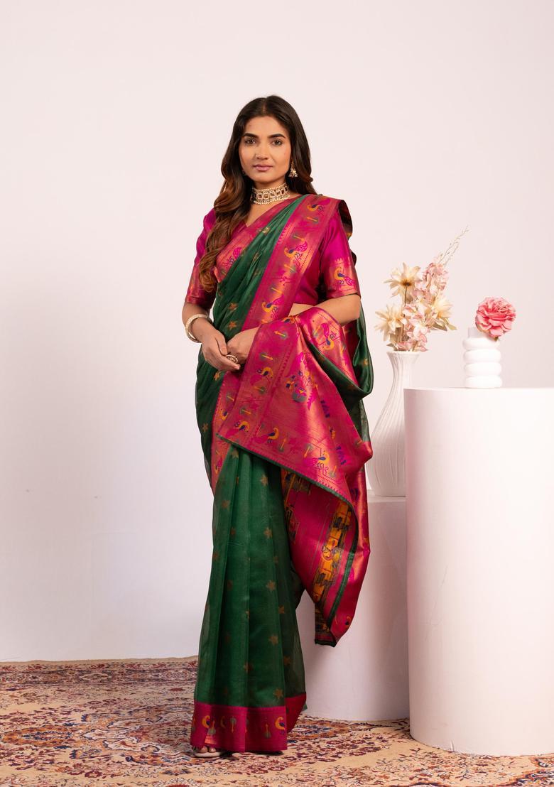Green Zari Work Silk Saree Set - Indya