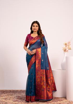 Teal Zari Work Silk Saree Set
