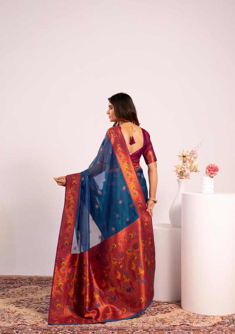 Teal Zari Work Silk Saree Set - Indya